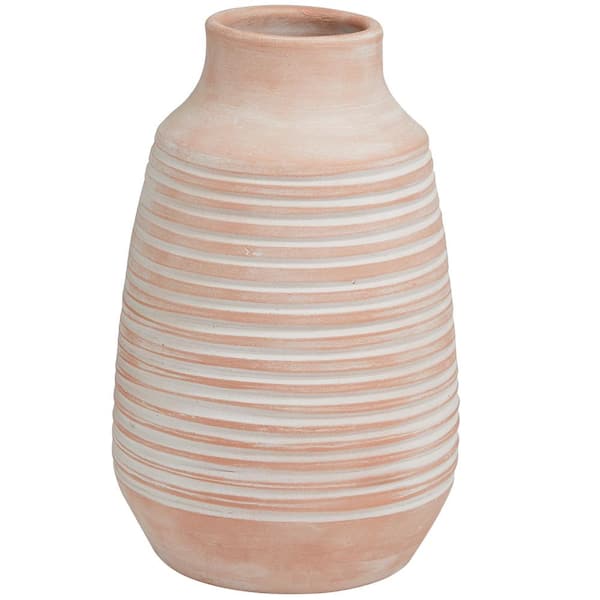 Litton Lane 15 in. Pink Whitewashed Ribbed Ceramic Decorative Vase