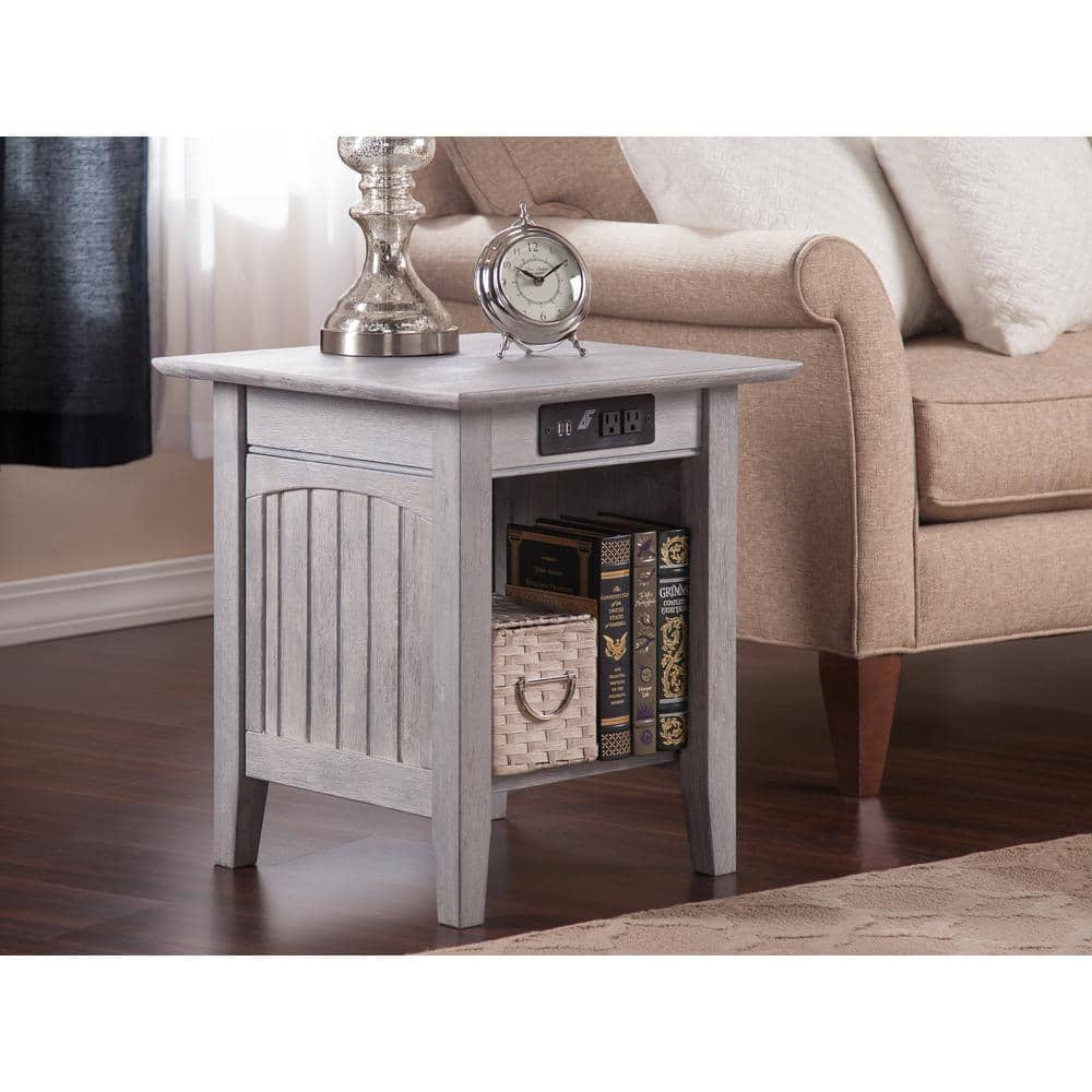 Driftwood Grey Eco-Friendly Hardwood End Table with Charging Station
