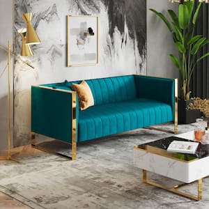 Trillium 83.07 in. Square Arm Velvet Rectangle 3-Seat Sofa in Aqua Blue and Gold