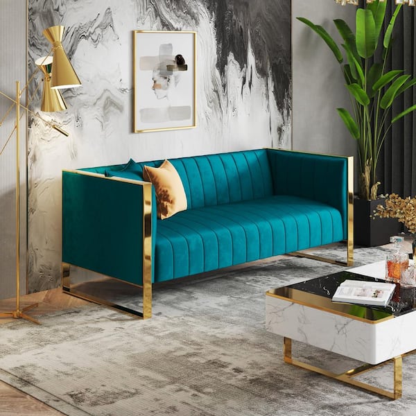 Manhattan Comfort Trillium 83.07 in. Mid-Century Modern Square Arm Velvet Rectangle 3-Seat Sofa in Aqua Blue and Gold