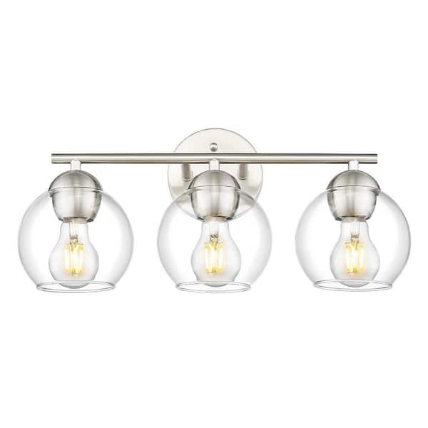 JAZAVA 18.5 in. 3-Light Brushed Nickel Vanity Light with Clear Glass Shade