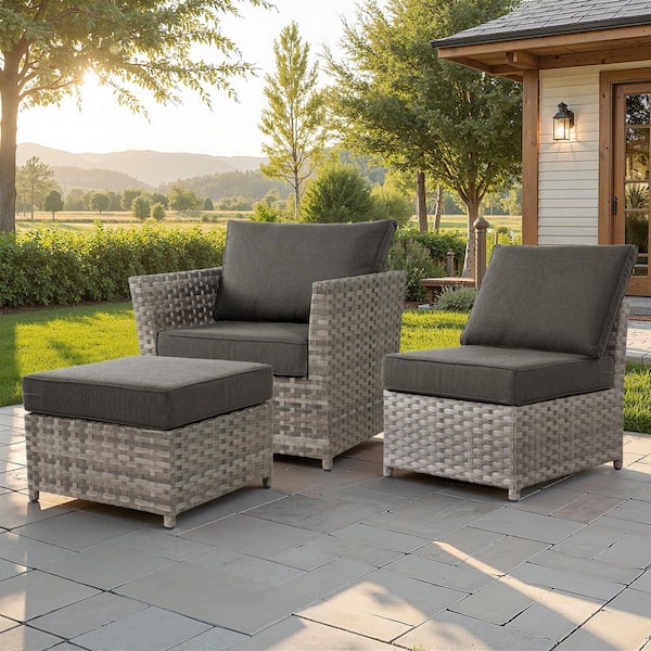 XIZZI Cinnamon 3 Pieces Wicker Patio Conversation Seating Sofa Set with Black Cushions