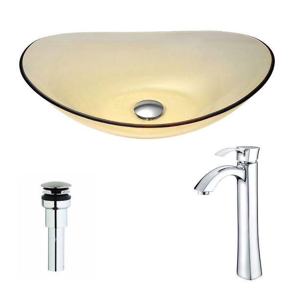 ANZZI Mesto Series Deco-Glass Vessel Sink in Lustrous Translucent Gold with Harmony Faucet in Chrome