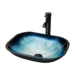 Bathroom Artistic Tempered Glass Square Vessel Sink with Oil Rubber Bronze Faucet and Pop up drain Combo in Blue