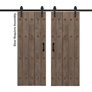 Mid-Century New Style 60 in. x 84 in. Smoky Gray Finished Solid Wood Double Sliding Barn Door with Hardware Kit