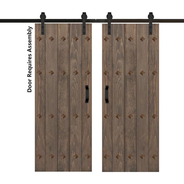 ISLIFE Mid-Century New Style 60 in. x 84 in. Smoky Gray Finished Solid Wood Double Sliding Barn Door with Hardware Kit