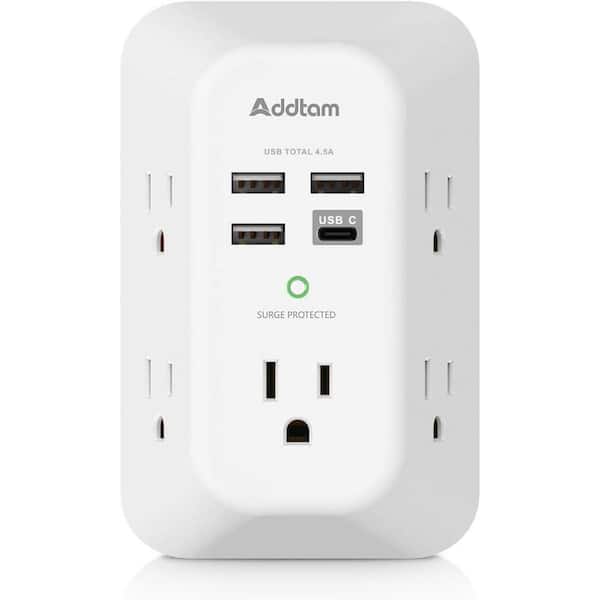 Ahfiwaso 5-Outlet USB Wall Charger Surge Protector with 4-USB Port (1-USB C Outlet) 3-Sided Wall Adapter in White