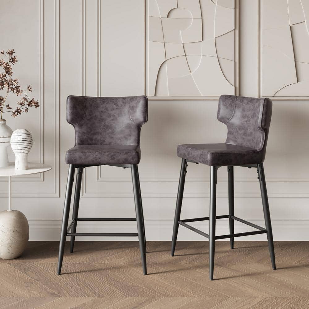 Gray Faux Leather and Iron Frame Counter Stool with Footrest