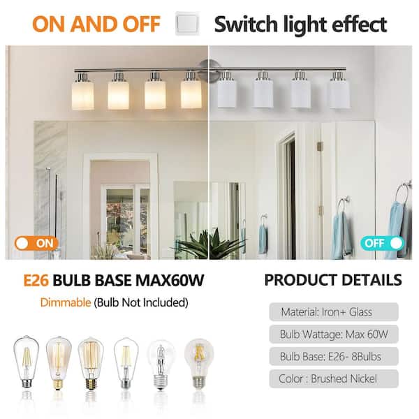 52 in. 8-Light Brushed Nickel Bathroom Light Fixtures Vanity Light Over Mirror with Opal White Glass Shade