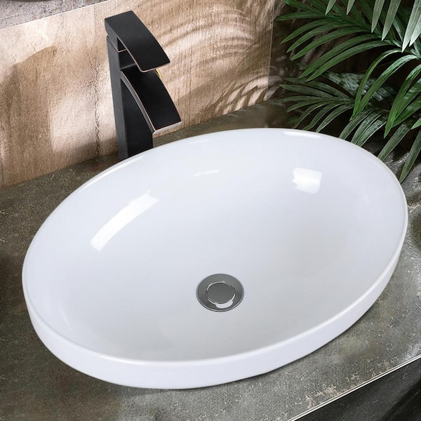 Maincraft White Ceramic Oval Vessel Bathroom Sink