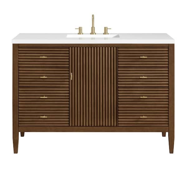 James Martin Vanities Myrrin 48.0 in. W x 23.5 in. D x 34.06 in. H Single Bathroom Vanity Mid-Century Walnut and White Zeus Quartz Top