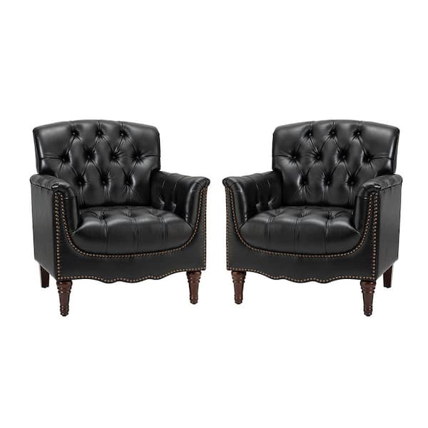JAYDEN CREATION Elijah Traditional Black Genuine Leather Button-tufted Armchair with Luxury Style and Solid Wood Legs (Set of 2)