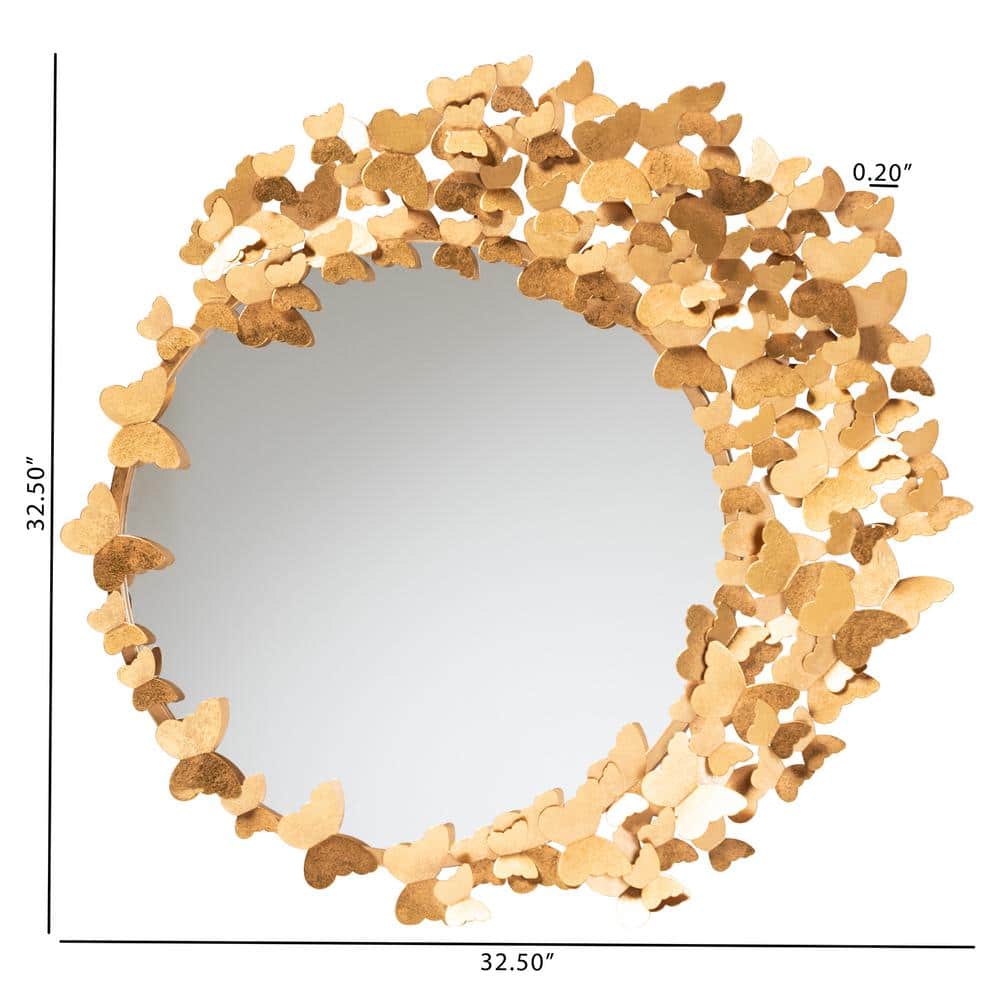 Elegant Round 33" Gold Metal & Leather Butterfly Accent Wall Mirror