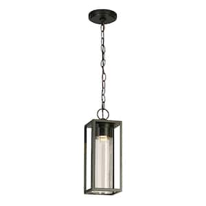 Walker Hill 5.39 in. W x 14.61 in. H 1-Light Matte Black LED Outdoor Pendant Light with Clear Seedy Glass Shade