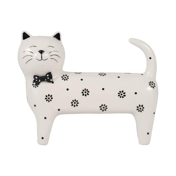 Liv & Skye White 8 in. x 7 in. Stoneware Novelty Daisies Cat Figurine with Bowtie