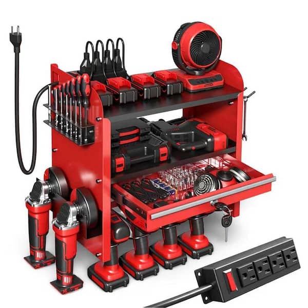Red Metal Multi-Layer Wall Rack with Charging Station 4 Outlets Lockable Drawer Heavy Duty Tool Organizer
