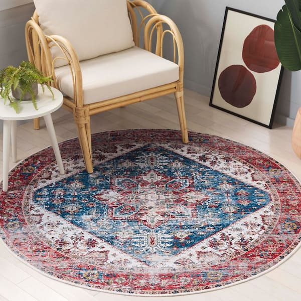 Tucson Blue/Red 5 ft. x 5 ft. Machine Washable Distressed Ornate Border Round Area Rug
