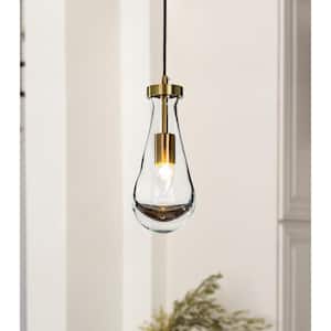 5 in. 1-Light Farmhouse Hand-Blown Clear Solid Glass Pendant-Light Rustic Mini Teardrop Hanging-Light in Antique Brass