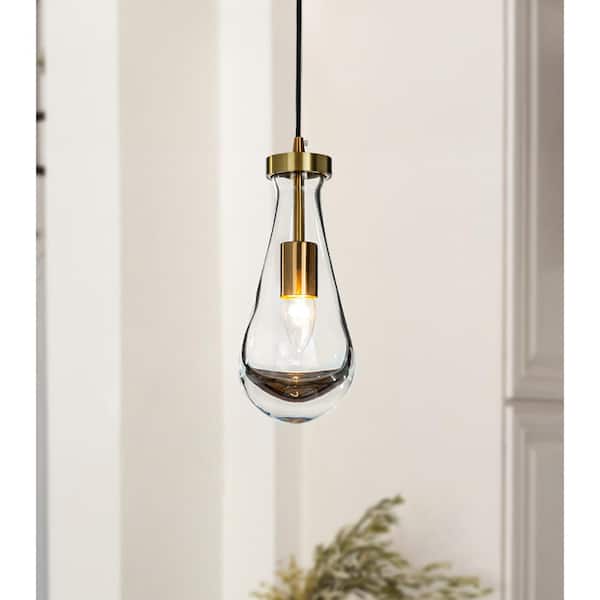 ALOA DECOR 5 in. 1-Light Farmhouse Hand-Blown Clear Solid Glass Pendant-Light Rustic Mini Teardrop Hanging-Light in Antique Brass