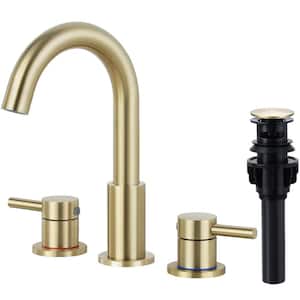 8 in. Widespread 2-Handle High Arc Bathroom Faucet with Pop-up Drain and 360° Swivel Spout in Brushed Gold