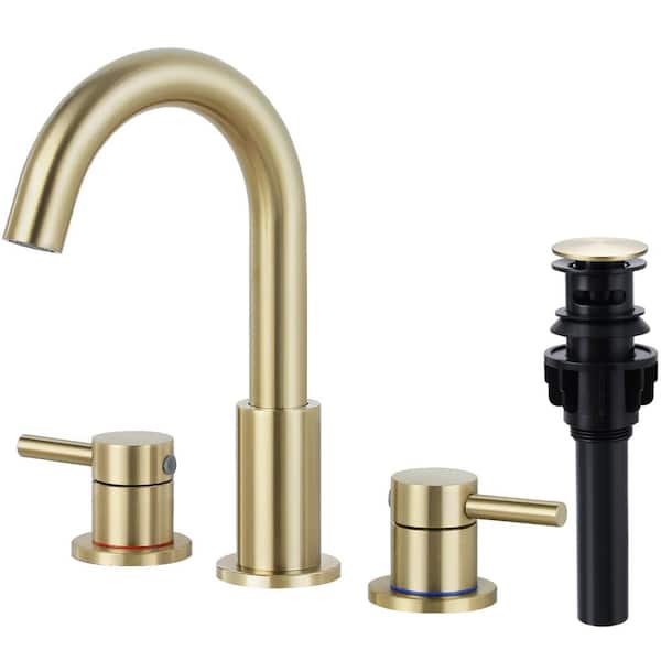 AKLFGN 8 in. Widespread 2-Handle High Arc Bathroom Faucet with Pop-up Drain and 360° Swivel Spout in Brushed Gold