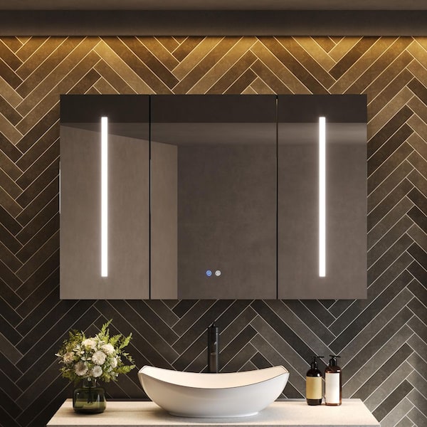 48 in. W x 32 in. H Rectangular Aluminum Frameless Tri-View LED Light Bathroom Medicine Cabinet with Mirror in Black