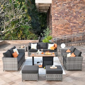 Eufaula Gray 13-Piece Wicker Modern Outdoor Patio Conversation Sofa Set with a Storage Fire Pit and Black Cushions