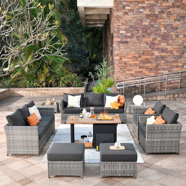 Toject Eufaula Gray 13-Piece Wicker Modern Outdoor Patio Conversation Sofa Set with a Storage Fire Pit and Black Cushions