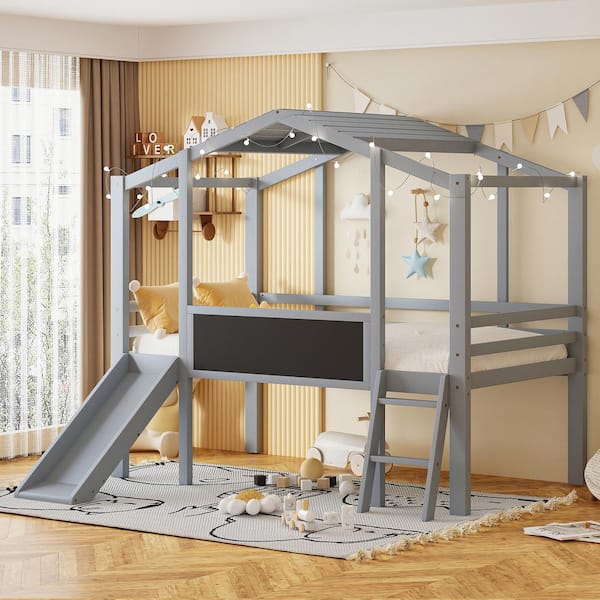 Qualler Gray Twin Size Low Loft Bed with Slide and Blackboard