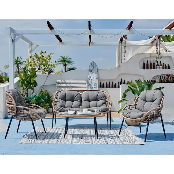 Dwell Home Inc Belize 4-Piece Natural PE Rattan Conversation Set with Grey Cushions