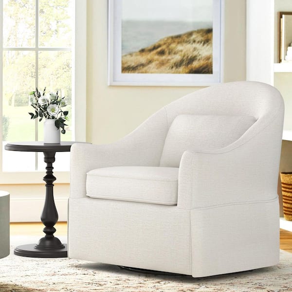 Masa 30 in. Cream Tweed Fabric Upholstered Solid Wood Frame Swivel Accent Chair Skirted Silhouette Paired Cushions
