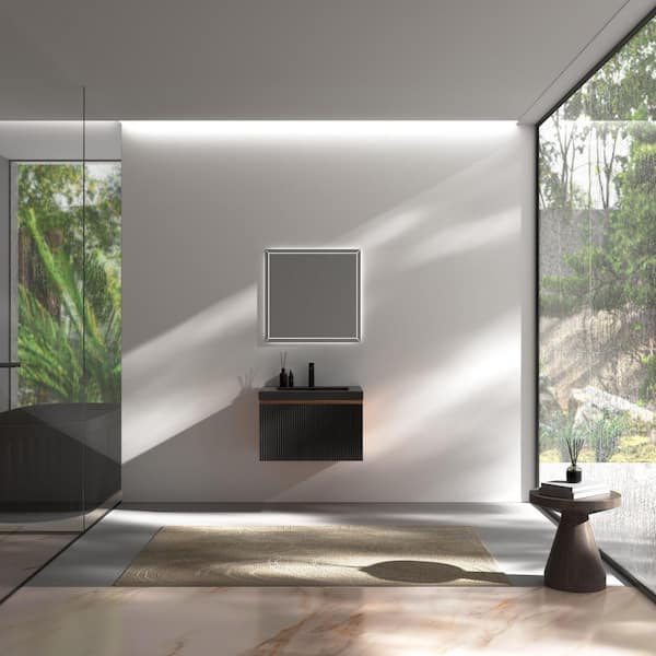 FAMYYT 24 in. W Single Sink Walnut Black Floating Bath Vanity with