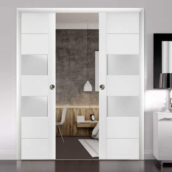36 in. x 96 in. White Finished Wood Sliding Door with Double Pocket Hardware