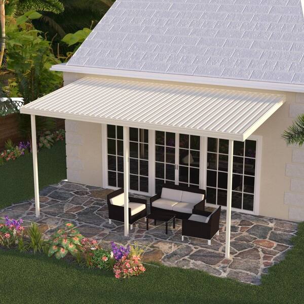 Integra 12 ft. x 9 ft. Ivory Aluminum Attached Solid Patio Cover with 3 Posts (10 lbs. Live Load)