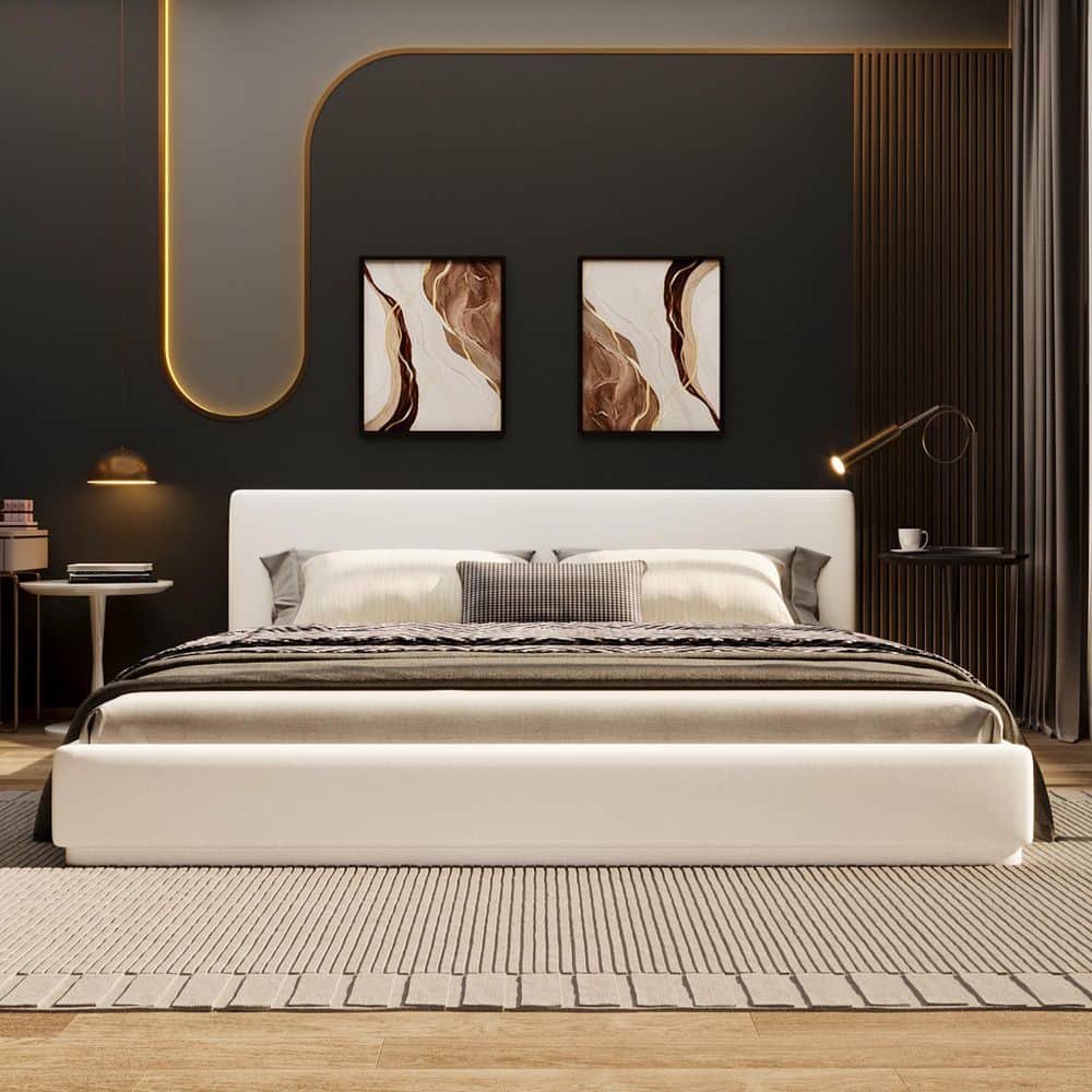 Ellis Modern White Upholstered Solid Wood Frame Queen Size Platform Bed - thumbnail 9