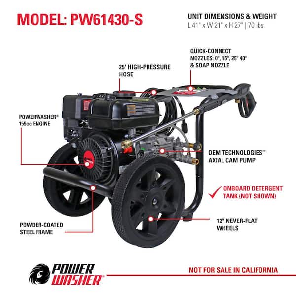 3200 PSI 2.5 GPM Cold Water Gas Pressure Washer with 159cc Engine and Soap Tank