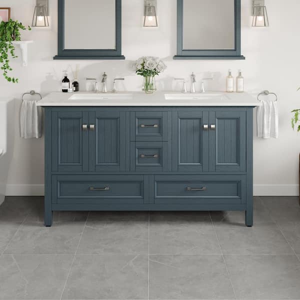 Britney 60 in. Double Sink Ash Blue Bath Vanity with White Carrara Quartz Top (Assembled)