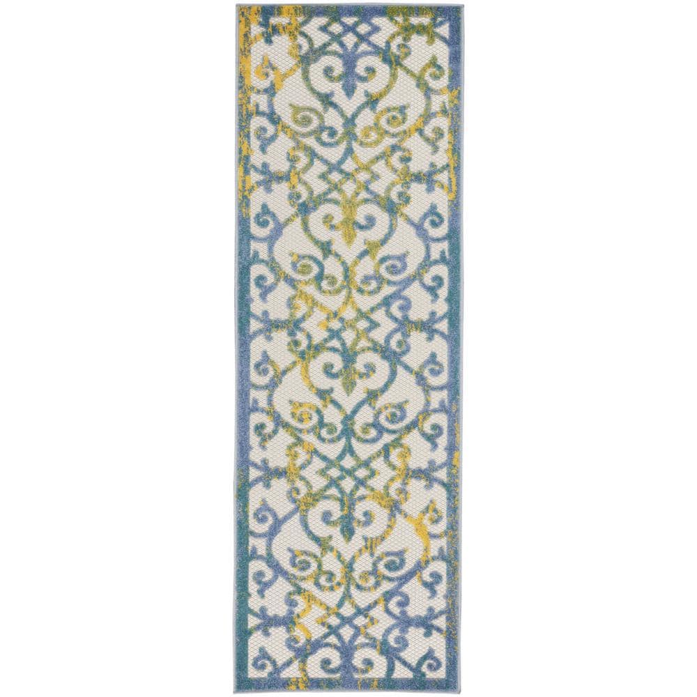 HomeRoots Charlie 2 X 8 ft. Ivory and Blue Moroccan Indoor/Outdoor Area ...