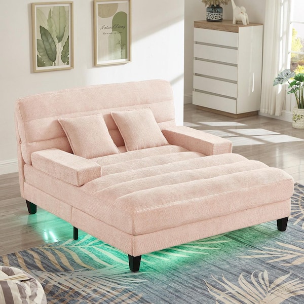 57.10 in. Pink 2-Seat Full Size Chenille Upholstered Lounge Sofa Chair with LED Light Strip and Adjustable Backrest