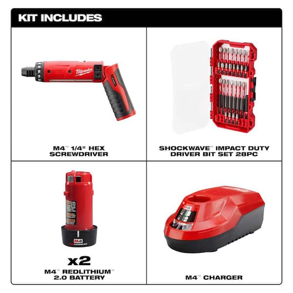 M4 4-Volt Lithium-Ion Cordless 1/4 in. Hex Screwdriver 2-Battery KitSHOCKWAVE IMPACT SET 28 Piece