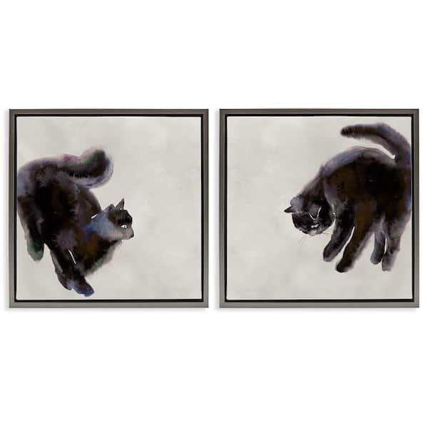 Stupell Industries Fuzzy Black Cats on Beige by Melissa Wang 2-Pieces Gray Floater Frame Animal Graphic Art Print 18 in. x 18 in.