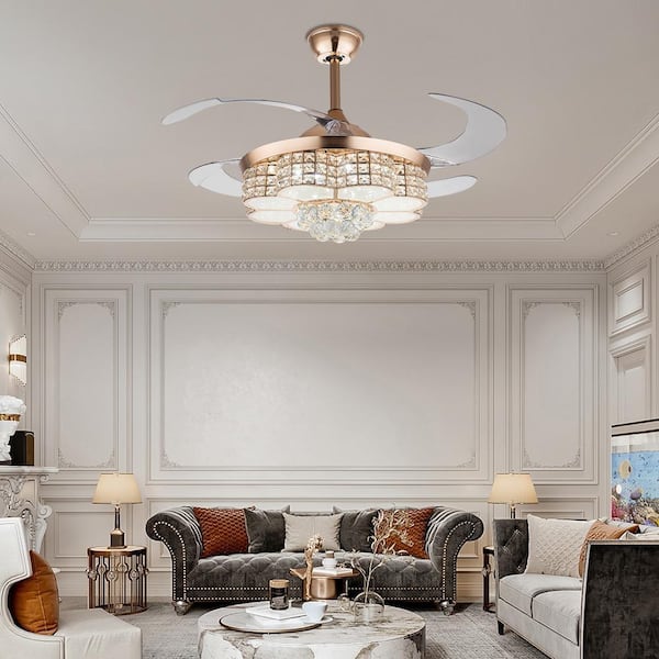 OUKANING 42 in. Indoor Gold Modern Crystal Reversible Ceiling Fan