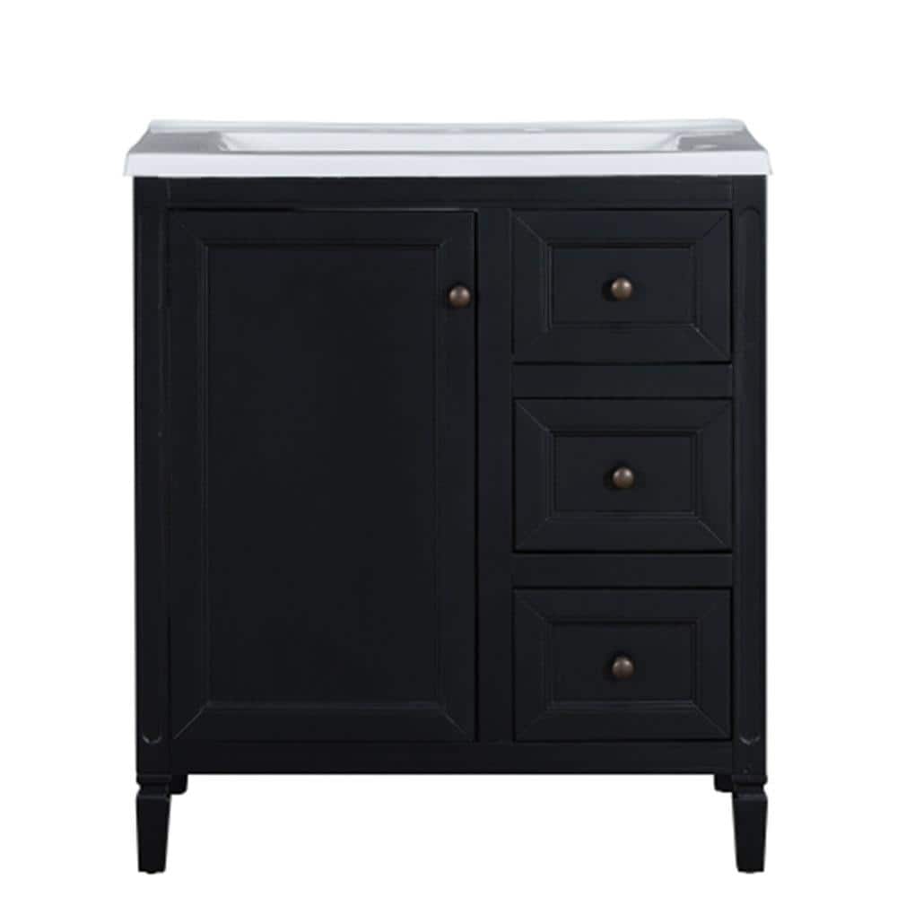 30 in. Freestanding Bath Vanity in Black with White Ceramic Basin Top, 3 Dr