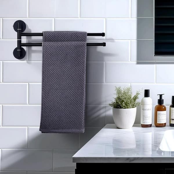13.2 in. Wall Mounted Stainless Steel 2-Arm Swivel Bathroom Towel Holder Towel Bar in Matte Black