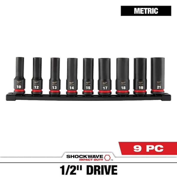SHOCKWAVE 1/2 in. Drive Metric Deep Well 6 Point Impact Socket Set (9-Piece)