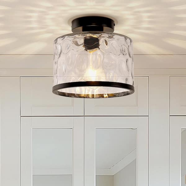 9 in. 1-Light Black Clear Glass Semi-Flush Mount Lighting for Hallway with Water Glass Shade and No Bulbs Included