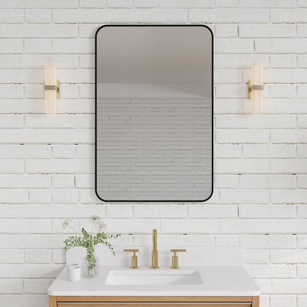 ANGELES HOME 24 in. W x 36 in. H Small Rectangular Anodized Aluminum Framed Wall Bathroom Vanity Mirror in Matte Black