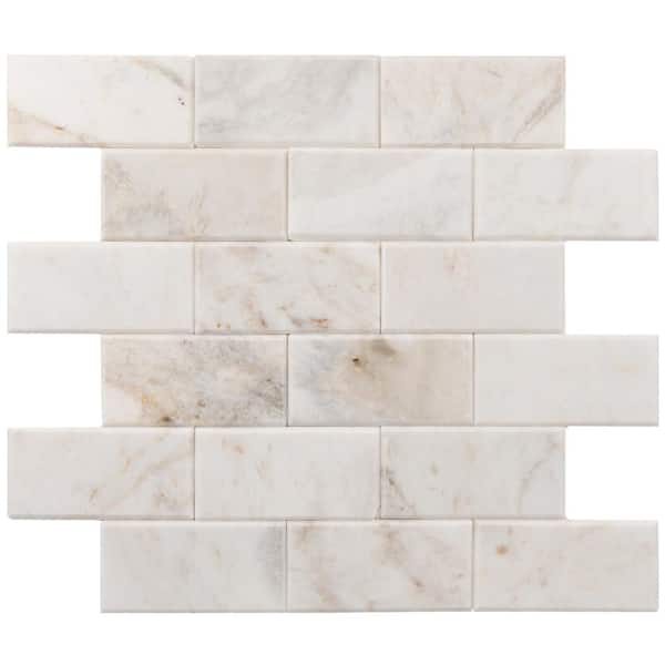 Daltile Xpress Mosaix Peel 'N Stick Daphne White Beveled 14 in. x 12 in. Marble Brick Joint Mosaic Tile (11.64 sq. ft./Case)