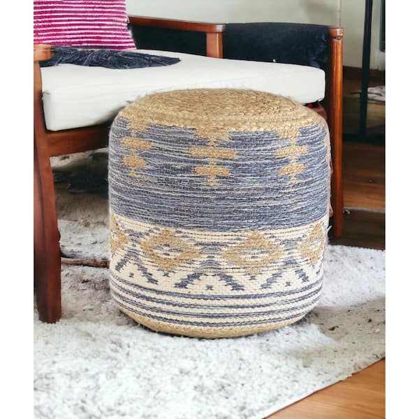HomeRoots Amelia Blue Cotton Round Accent Ottoman