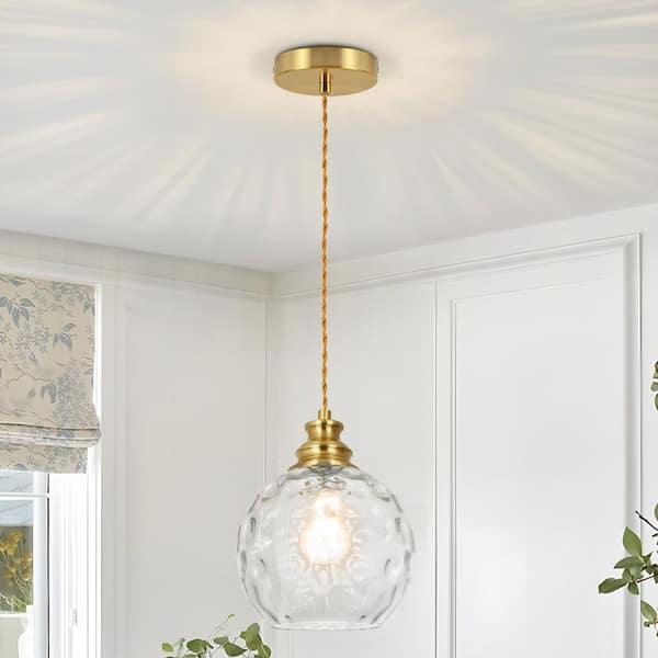 Jasslynn 1-Light Gold Modern Globe Pendant Light with Hammered Glass Shade for Kitchen Island Dining Room Entryway